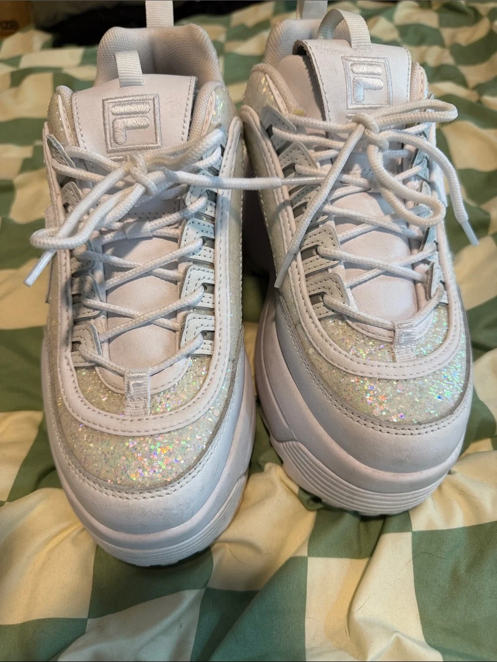FILA White Platform Sneakers with Iridescent Glitter Panels